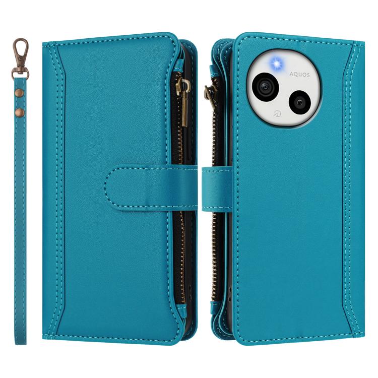 For Sharp Aquos sense9 Magnetic Closure 9 Card Slots Zipper Leather Case with Hand Strap