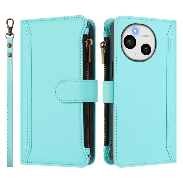 For Sharp Aquos sense9 Magnetic Closure 9 Card Slots Zipper Leather Case with Hand Strap