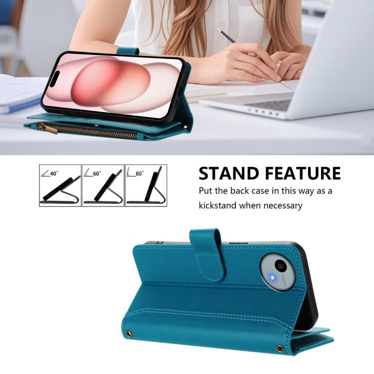 For Sharp Aquos wish4 Magnetic Closure 9 Card Slots Zipper Leather Case with Hand Strap
