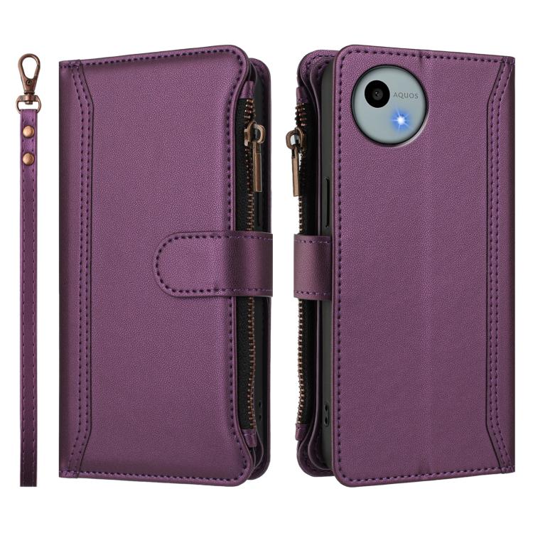 For Sharp Aquos wish4 Magnetic Closure 9 Card Slots Zipper Leather Case with Hand Strap