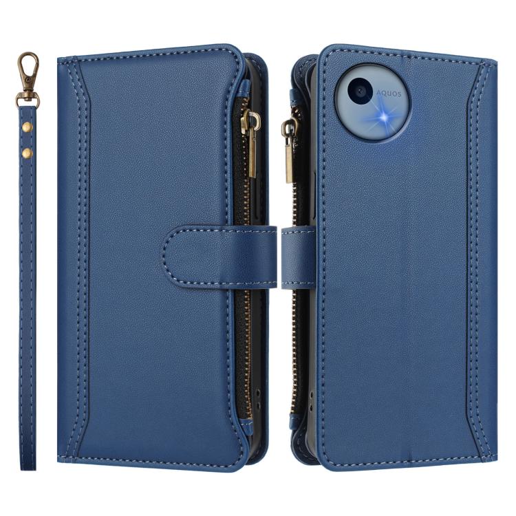 For Sharp Aquos wish5 Magnetic Closure 9 Card Slots Zipper Leather Case with Hand Strap