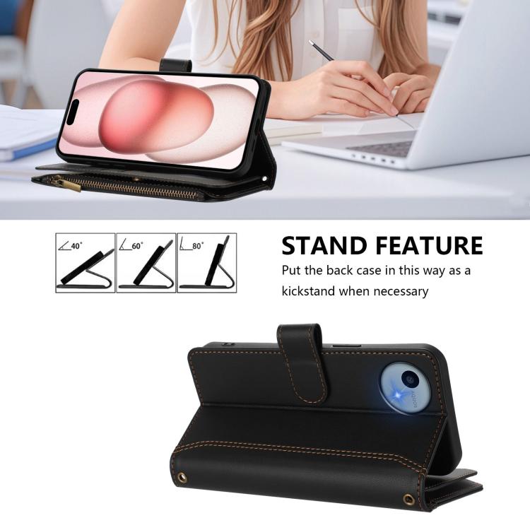 For Sharp Aquos wish5 Magnetic Closure 9 Card Slots Zipper Leather Case with Hand Strap