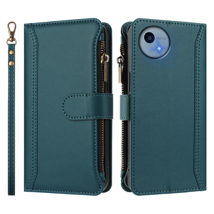 For Sharp Aquos wish5 Magnetic Closure 9 Card Slots Zipper Leather Case with Hand Strap