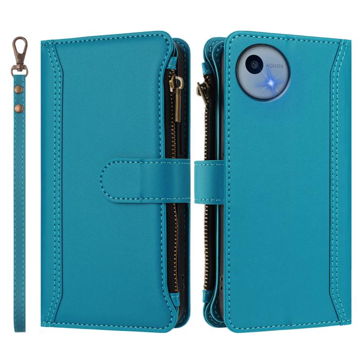For Sharp Aquos wish5 Magnetic Closure 9 Card Slots Zipper Leather Case with Hand Strap