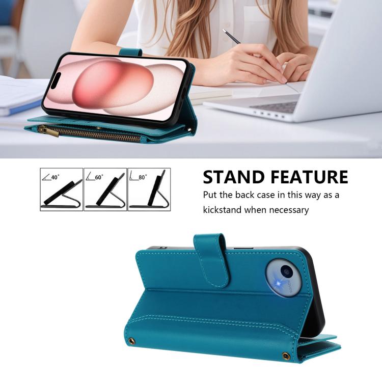 For Sharp Aquos wish5 Magnetic Closure 9 Card Slots Zipper Leather Case with Hand Strap