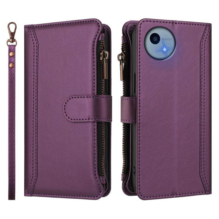For Sharp Aquos wish5 Magnetic Closure 9 Card Slots Zipper Leather Case with Hand Strap