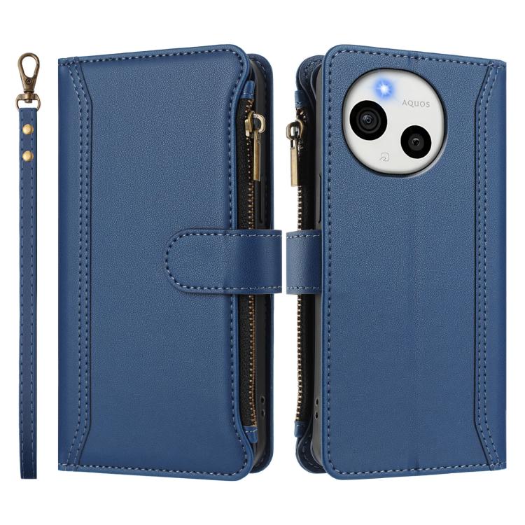 For Sharp Aquos Sense10 Magnetic Closure 9 Card Slots Zipper Leather Case with Hand Strap