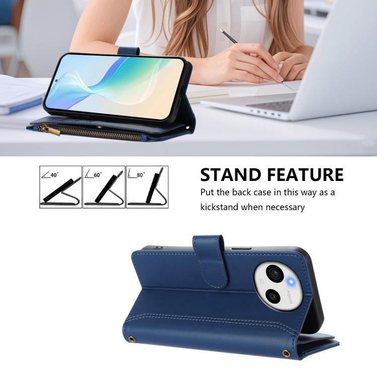 For Sharp Aquos Sense10 Magnetic Closure 9 Card Slots Zipper Leather Case with Hand Strap