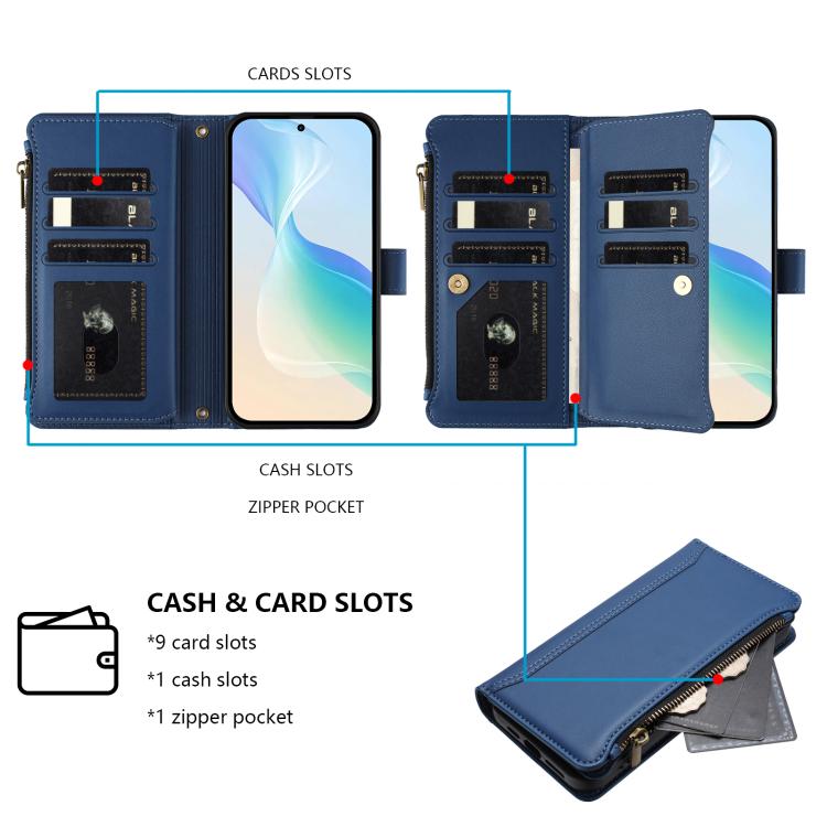 For Sharp Aquos Sense10 Magnetic Closure 9 Card Slots Zipper Leather Case with Hand Strap