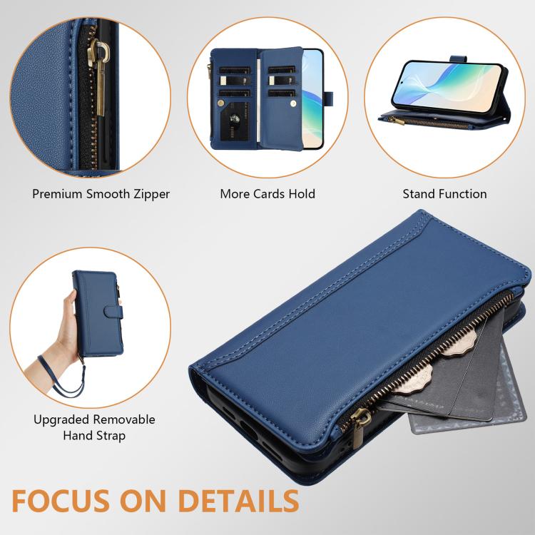 For Sharp Aquos Sense10 Magnetic Closure 9 Card Slots Zipper Leather Case with Hand Strap