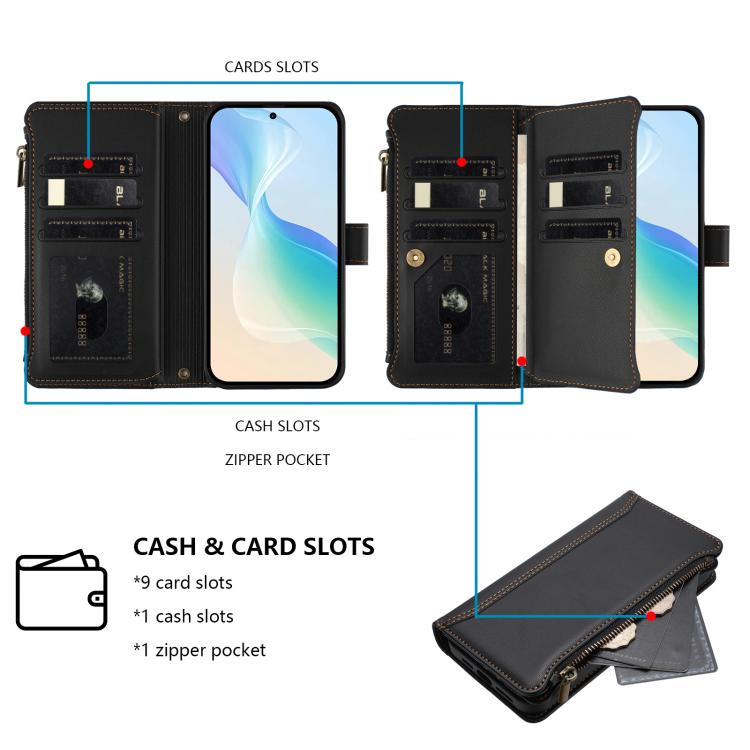 For Sharp Aquos Sense10 Magnetic Closure 9 Card Slots Zipper Leather Case with Hand Strap
