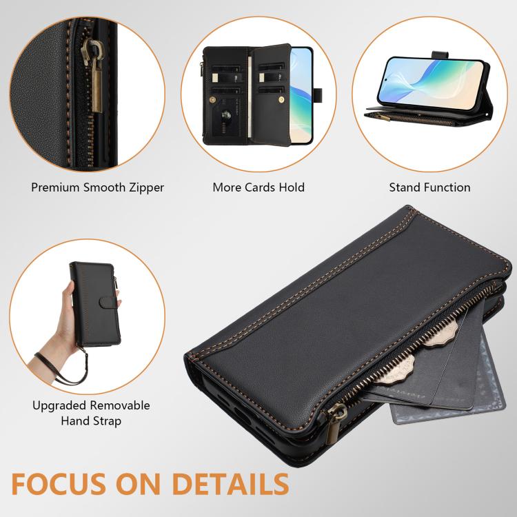For Sharp Aquos Sense10 Magnetic Closure 9 Card Slots Zipper Leather Case with Hand Strap