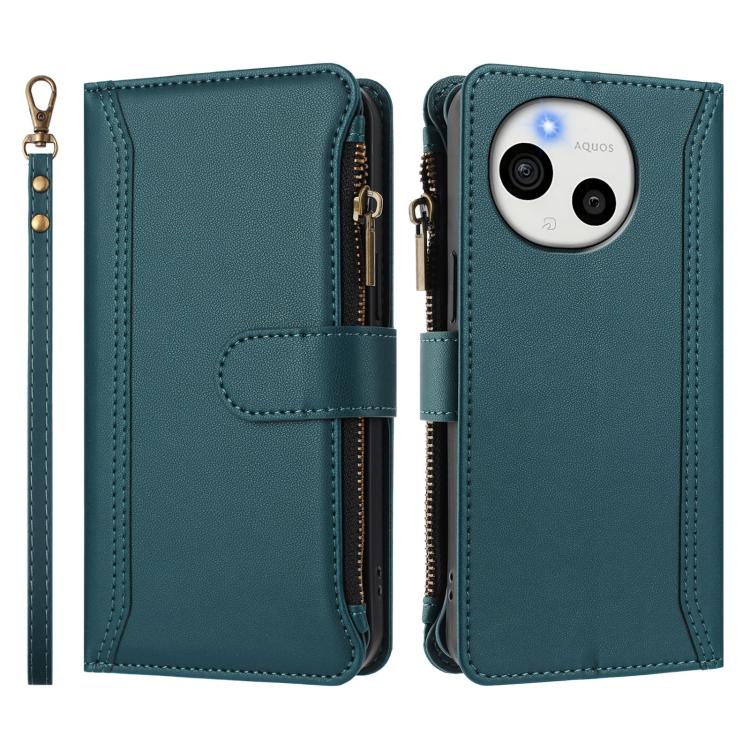 For Sharp Aquos Sense10 Magnetic Closure 9 Card Slots Zipper Leather Case with Hand Strap