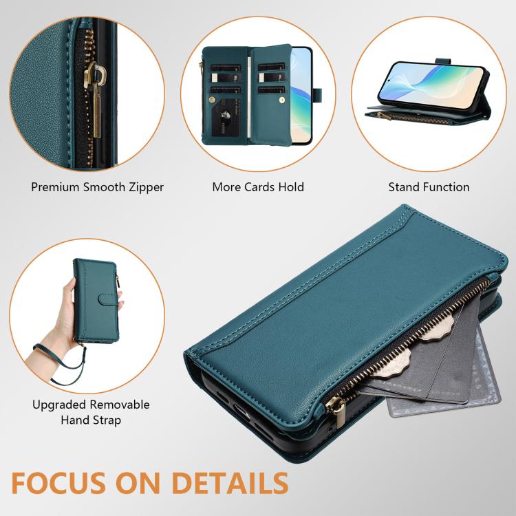 For Sharp Aquos Sense10 Magnetic Closure 9 Card Slots Zipper Leather Case with Hand Strap