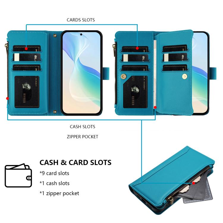 For Sharp Aquos Sense10 Magnetic Closure 9 Card Slots Zipper Leather Case with Hand Strap