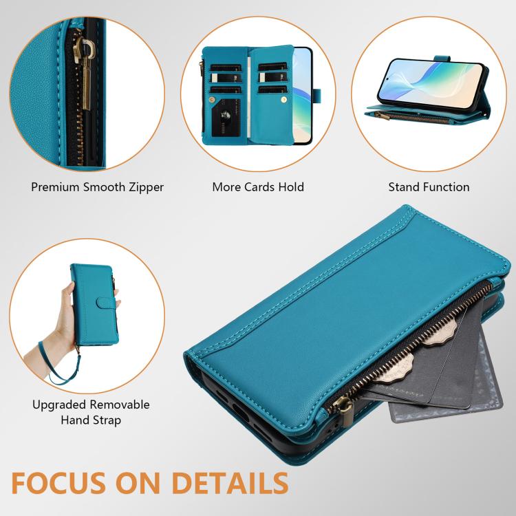 For Sharp Aquos Sense10 Magnetic Closure 9 Card Slots Zipper Leather Case with Hand Strap