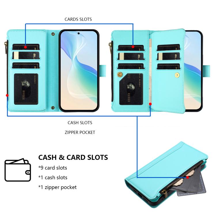 For Sharp Aquos Sense10 Magnetic Closure 9 Card Slots Zipper Leather Case with Hand Strap