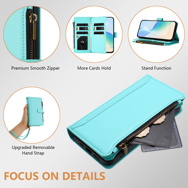 For Sharp Aquos Sense10 Magnetic Closure 9 Card Slots Zipper Leather Case with Hand Strap