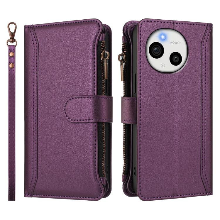 For Sharp Aquos Sense10 Magnetic Closure 9 Card Slots Zipper Leather Case with Hand Strap