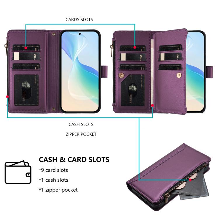 For Sharp Aquos Sense10 Magnetic Closure 9 Card Slots Zipper Leather Case with Hand Strap
