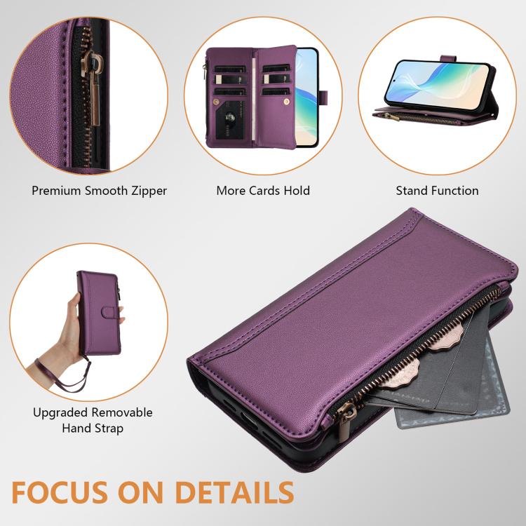 For Sharp Aquos Sense10 Magnetic Closure 9 Card Slots Zipper Leather Case with Hand Strap