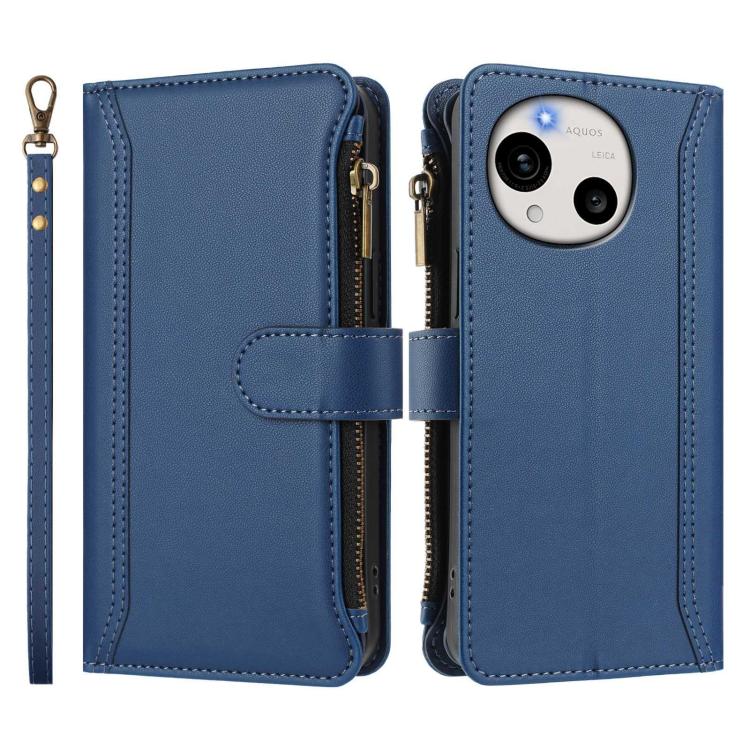 For Sharp Aquos R11 Magnetic Closure 9 Card Slots Zipper Leather Case with Hand Strap