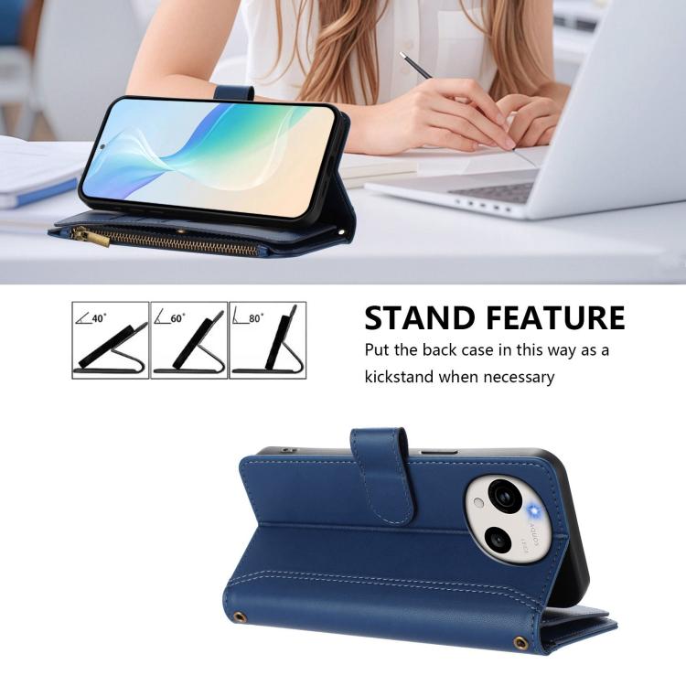 For Sharp Aquos R11 Magnetic Closure 9 Card Slots Zipper Leather Case with Hand Strap