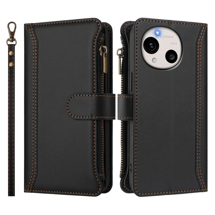 For Sharp Aquos R11 Magnetic Closure 9 Card Slots Zipper Leather Case with Hand Strap