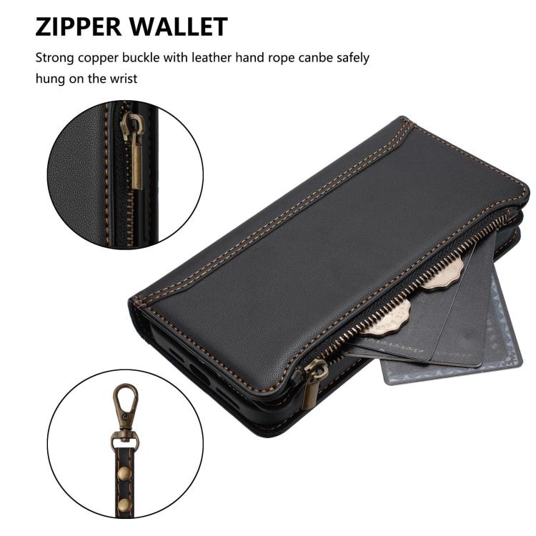For Sharp Aquos R11 Magnetic Closure 9 Card Slots Zipper Leather Case with Hand Strap