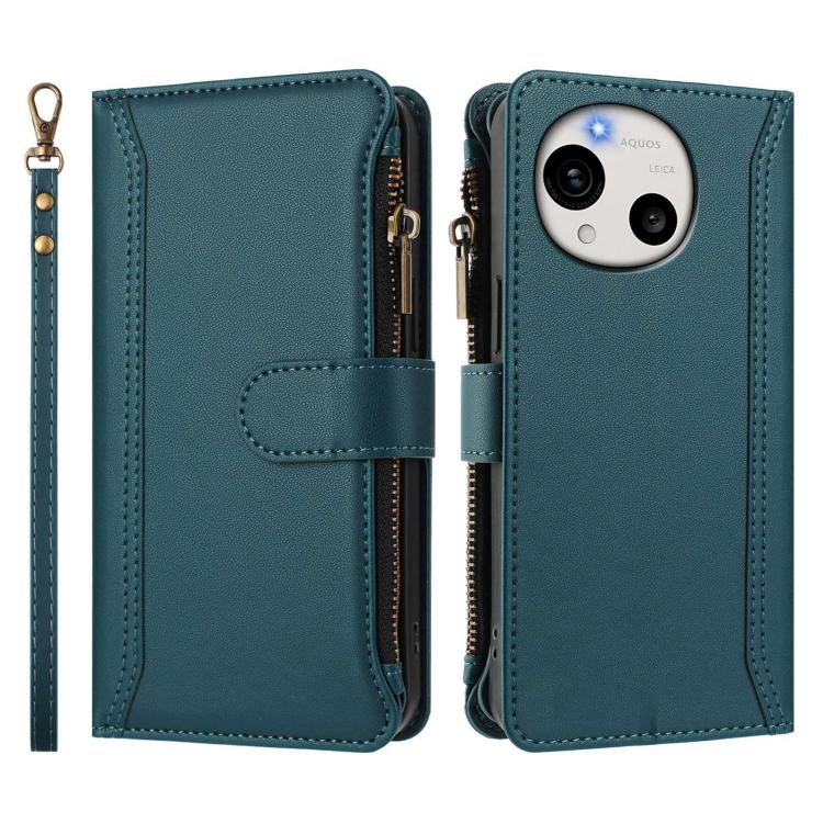 For Sharp Aquos R11 Magnetic Closure 9 Card Slots Zipper Leather Case with Hand Strap