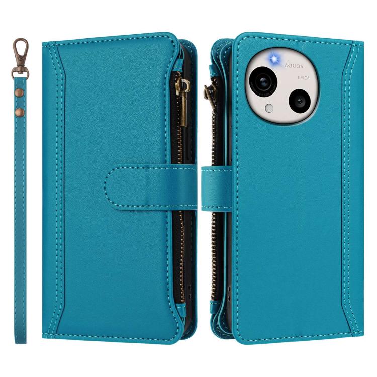 For Sharp Aquos R11 Magnetic Closure 9 Card Slots Zipper Leather Case with Hand Strap