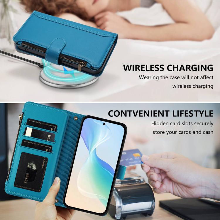 For Sharp Aquos R11 Magnetic Closure 9 Card Slots Zipper Leather Case with Hand Strap