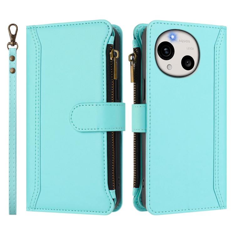 For Sharp Aquos R11 Magnetic Closure 9 Card Slots Zipper Leather Case with Hand Strap
