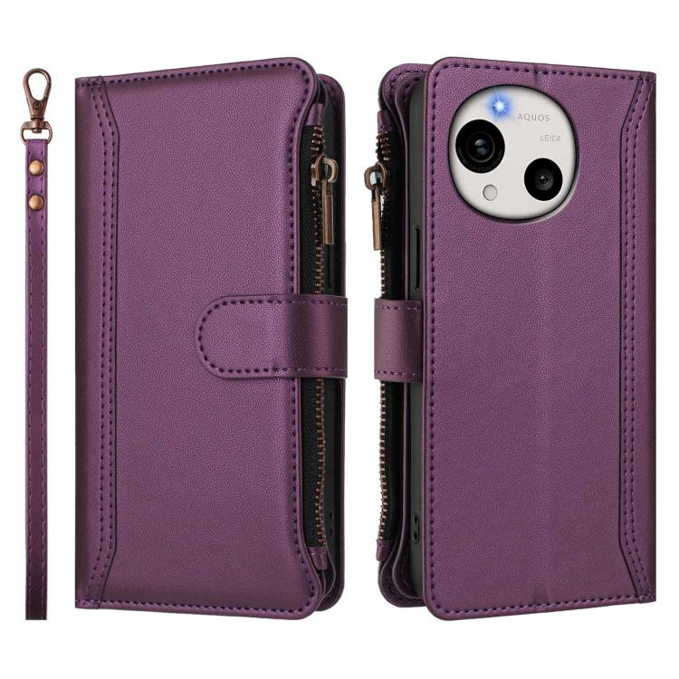 For Sharp Aquos R11 Magnetic Closure 9 Card Slots Zipper Leather Case with Hand Strap