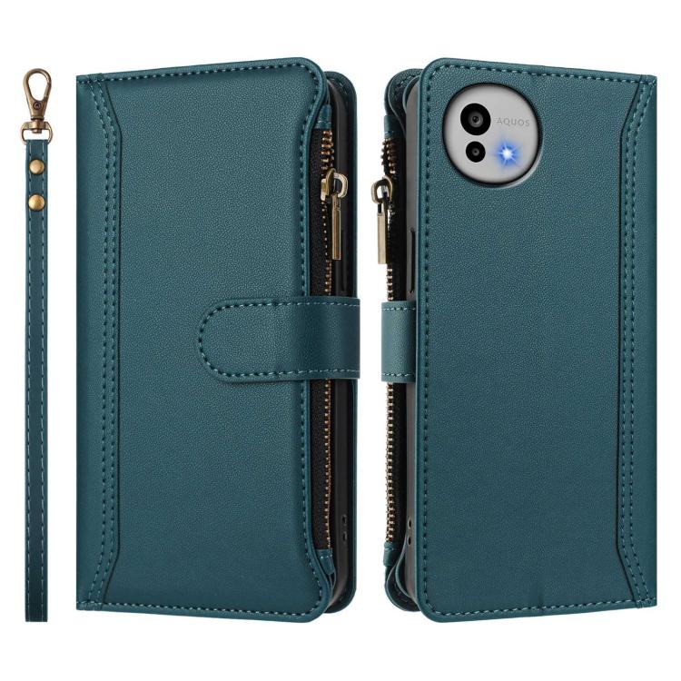 For Sharp Aquos wish6 Magnetic Closure 9 Card Slots Zipper Leather Case with Hand Strap