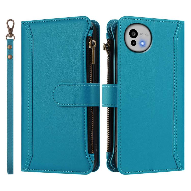 For Sharp Aquos wish6 Magnetic Closure 9 Card Slots Zipper Leather Case with Hand Strap