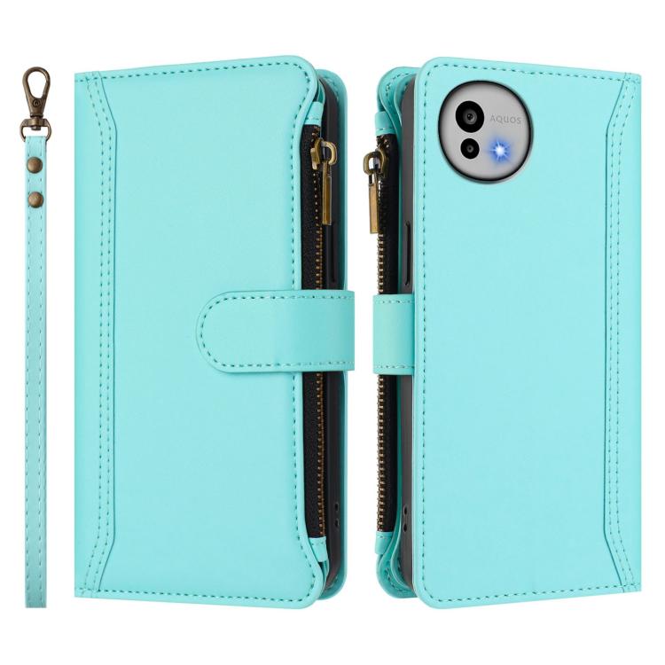 For Sharp Aquos wish6 Magnetic Closure 9 Card Slots Zipper Leather Case with Hand Strap