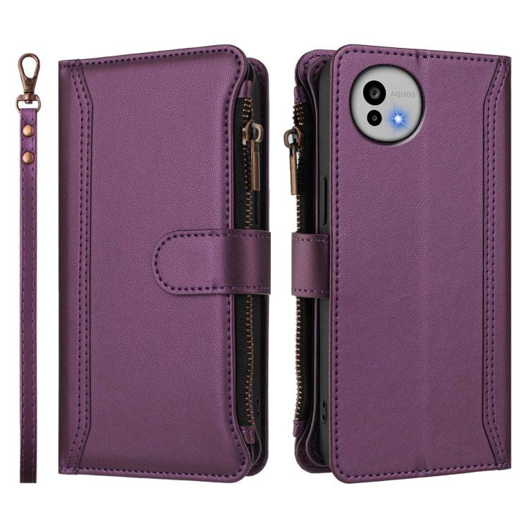 For Sharp Aquos wish6 Magnetic Closure 9 Card Slots Zipper Leather Case with Hand Strap