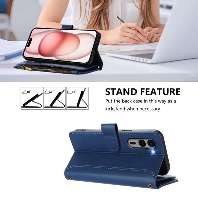 For Fujitsu Arrows We2 Plus Magnetic Closure 9 Card Slots Zipper Leather Case with Hand Strap