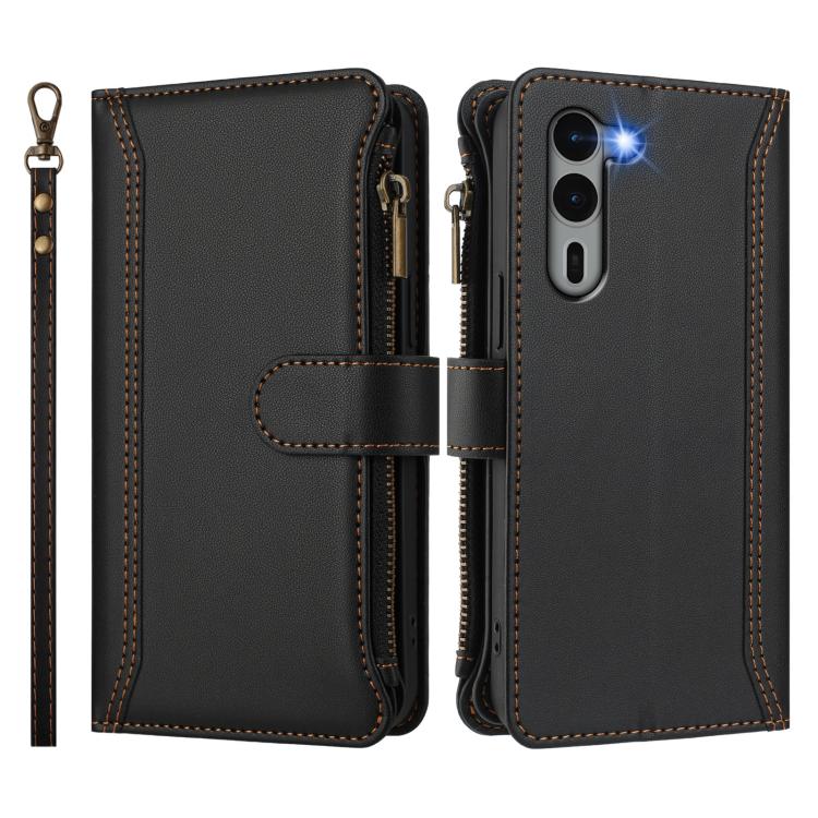 For Fujitsu Arrows We2 Plus Magnetic Closure 9 Card Slots Zipper Leather Case with Hand Strap
