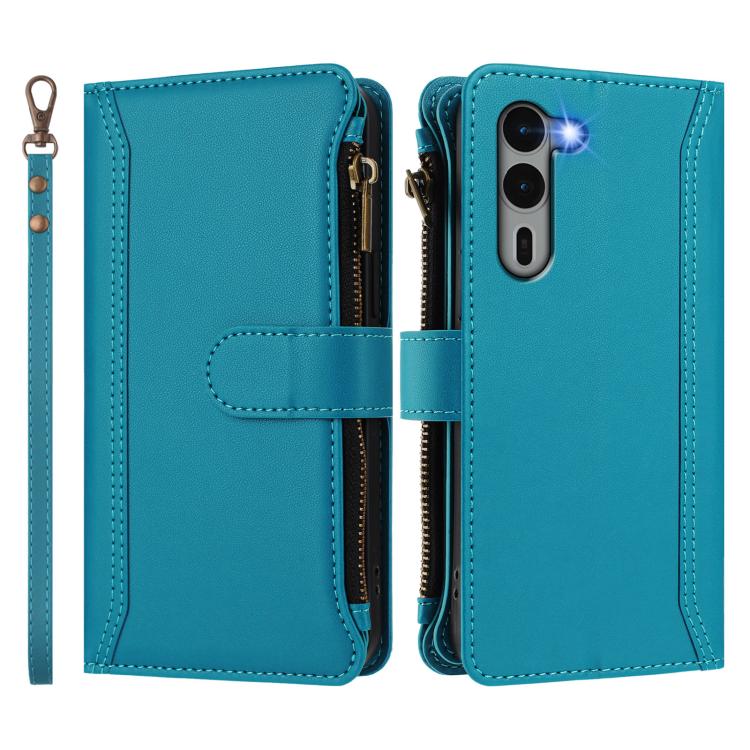 For Fujitsu Arrows We2 Plus Magnetic Closure 9 Card Slots Zipper Leather Case with Hand Strap
