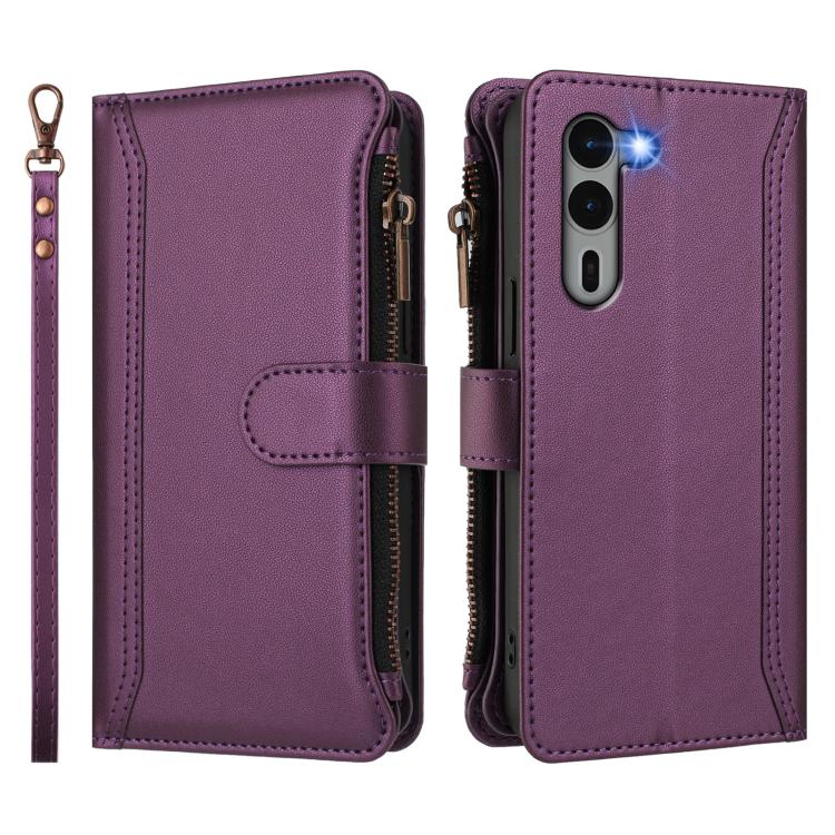For Fujitsu Arrows We2 Plus Magnetic Closure 9 Card Slots Zipper Leather Case with Hand Strap