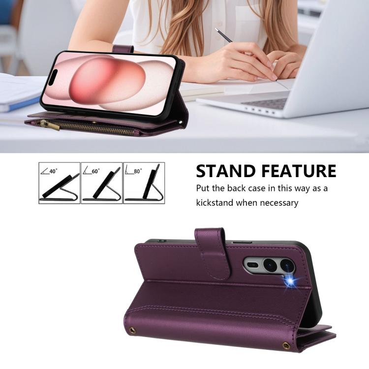For Fujitsu Arrows We2 Plus Magnetic Closure 9 Card Slots Zipper Leather Case with Hand Strap