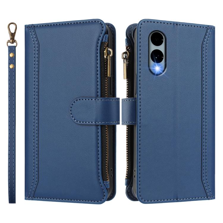For Fujitsu Arrows We2 Magnetic Closure 9 Card Slots Zipper Leather Case with Hand Strap