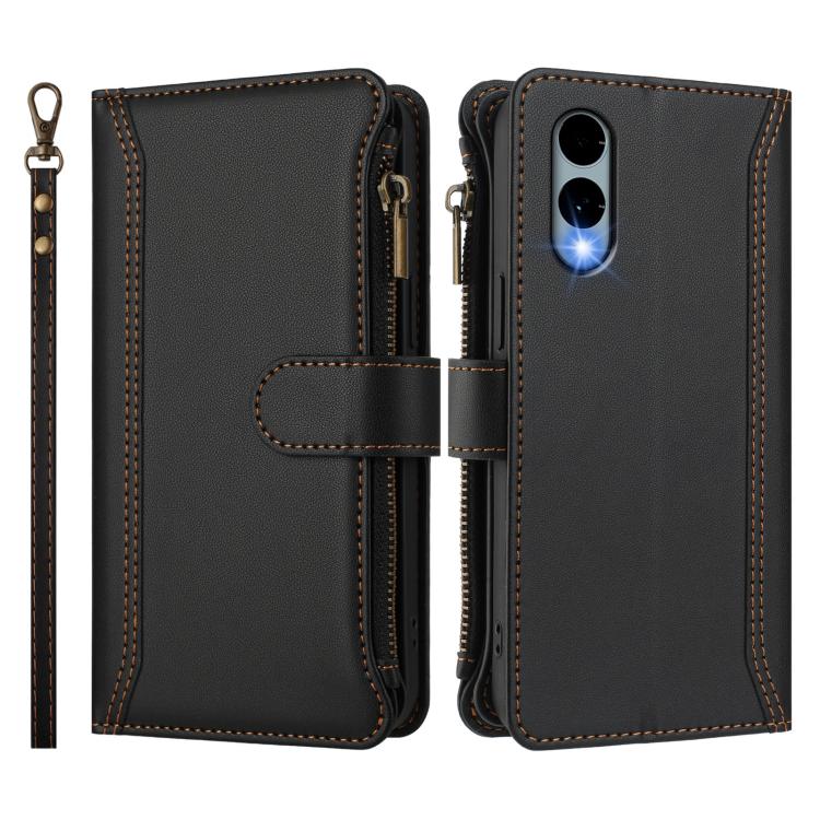 For Fujitsu Arrows We2 Magnetic Closure 9 Card Slots Zipper Leather Case with Hand Strap