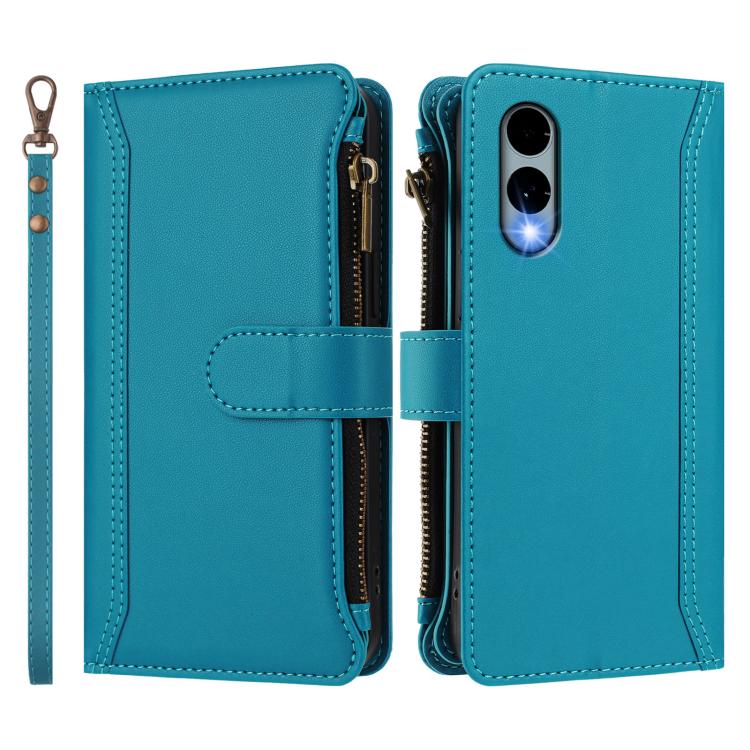 For Fujitsu Arrows We2 Magnetic Closure 9 Card Slots Zipper Leather Case with Hand Strap