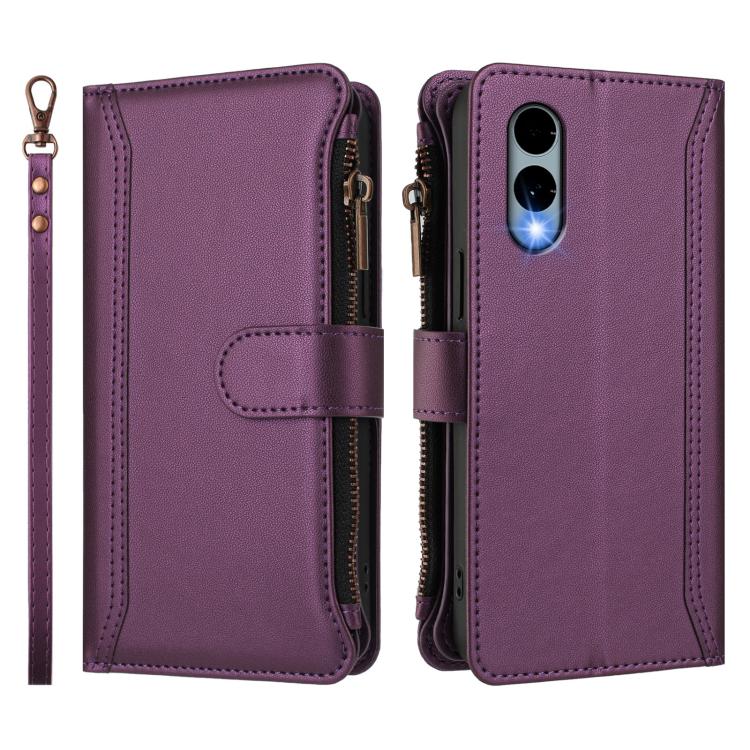 For Fujitsu Arrows We2 Magnetic Closure 9 Card Slots Zipper Leather Case with Hand Strap