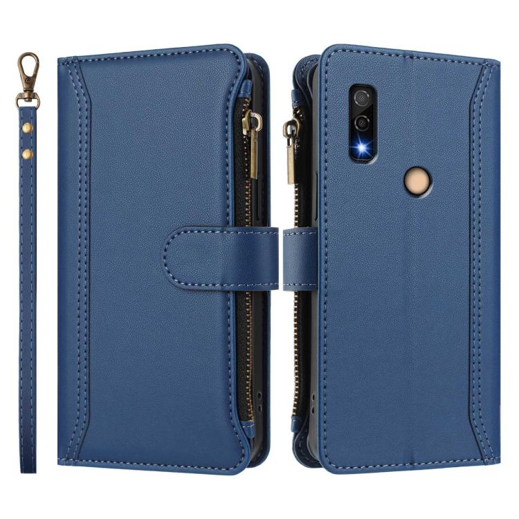 For Fujitsu Arrows We3 Magnetic Closure 9 Card Slots Zipper Leather Case with Hand Strap