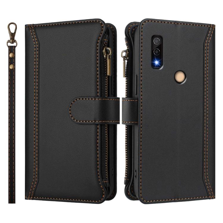 For Fujitsu Arrows We3 Magnetic Closure 9 Card Slots Zipper Leather Case with Hand Strap