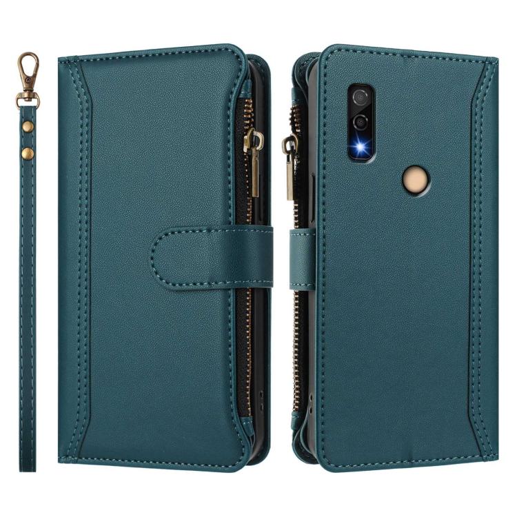 For Fujitsu Arrows We3 Magnetic Closure 9 Card Slots Zipper Leather Case with Hand Strap